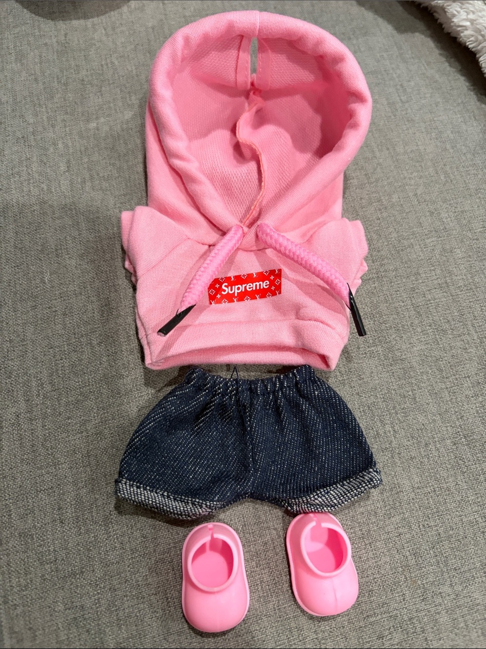 Labubu or XS doll Supreme Pink Hoodie Outfit with shoes